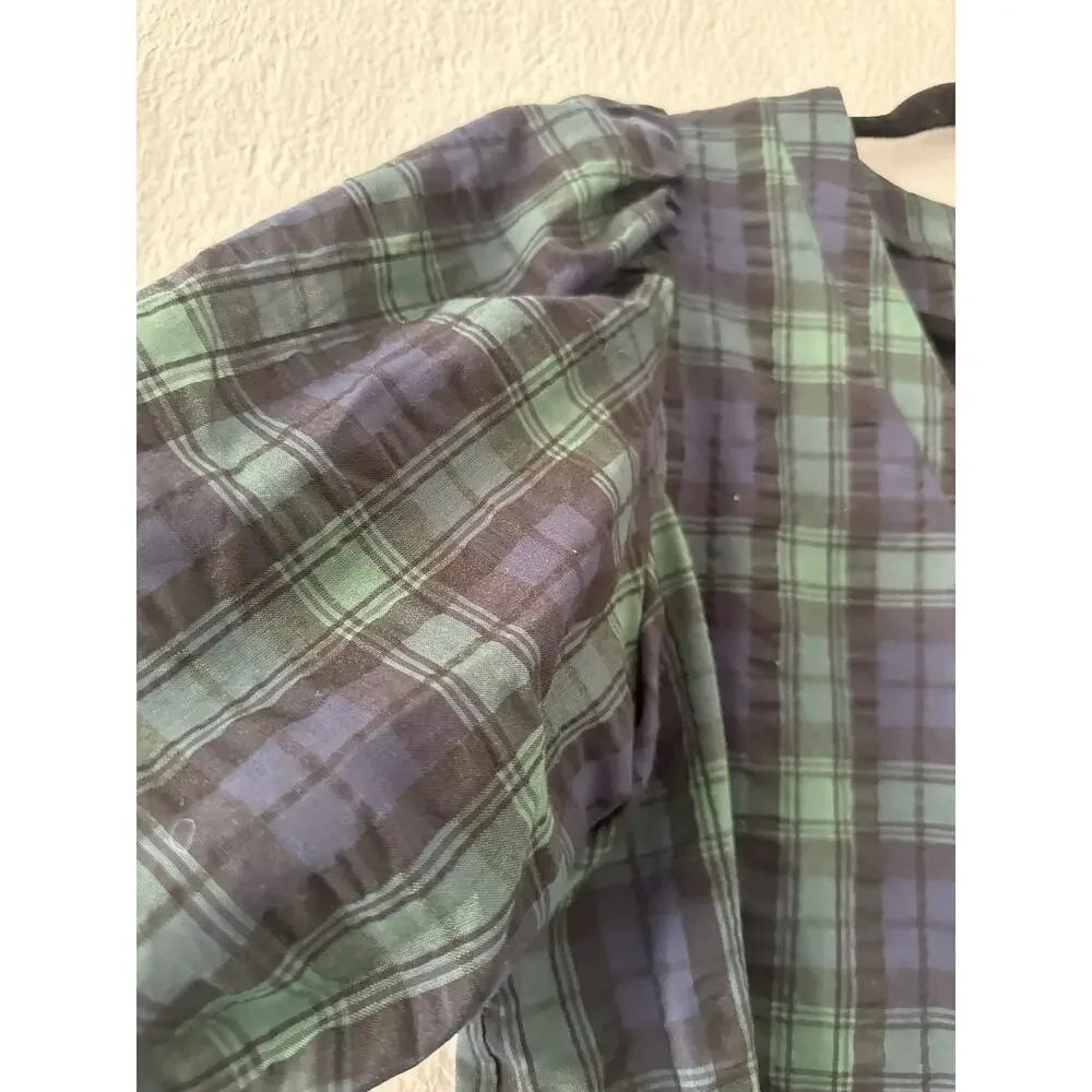 Loft Plaid Textured Tartan Green Blue Puff Short Sleeve Blouse V-Neck Sz Medium